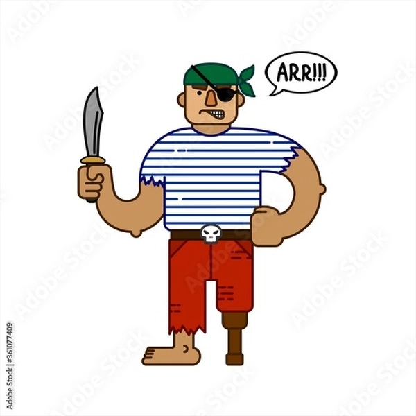 Fototapeta Pirate With A Dagger, Cartoon Character. Evil Pirate Says Arr, Cloud Talk, Bubble Speech. Halloween For Printing On Fabric, T-shirt, Print For Textile, Banner, Poster. Flat Vector Illustration.