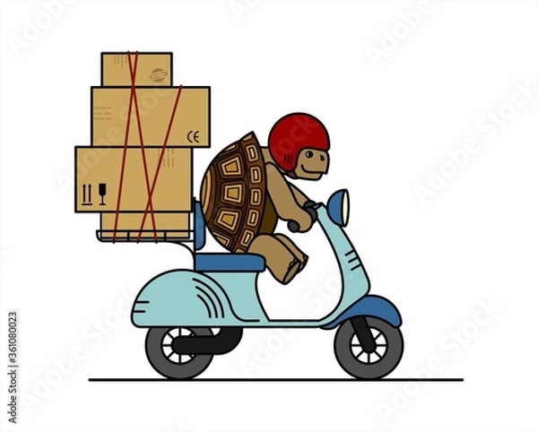 Fototapeta turtle is riding a scooter. Slow delivery. A cute turtle in a helmet carries boxes on a moped. Signs on cardboard boxes. Symbol of slowness. Modern flat  illustration isolated on white background.