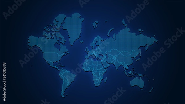 Fototapeta World blue glowing neon map with dots pattern and countries borders