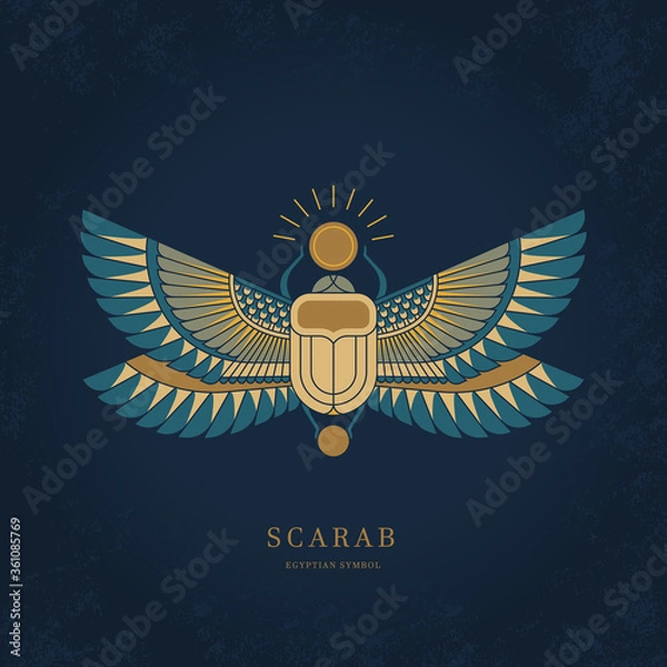 Fototapeta Colorful illustration of the Egyptian scarab beetle, personifying the god Hepri with seamless horizontal patterns. 