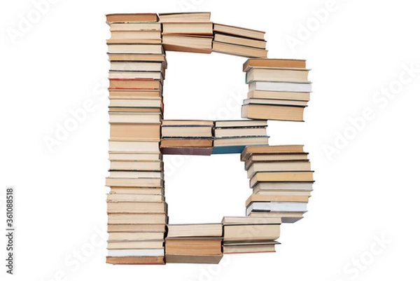 Fototapeta Letter - B made of books isolated on white background. Book letter font mockup from the alphabet. Concept of education. Nobody