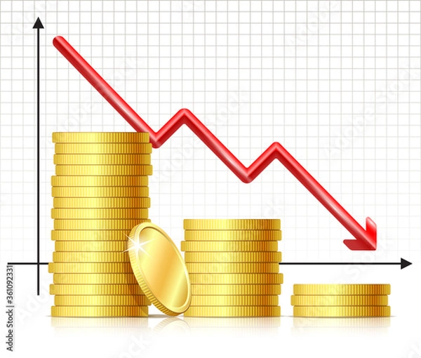 Fototapeta Arrow of the chart falls down and several stacks of gold coins.