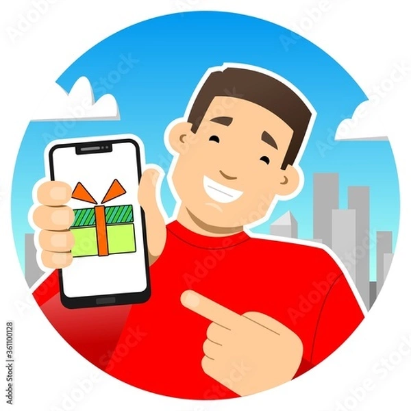 Fototapeta Smiling guy with a phone. Shows the phone screen, points to it with a finger. Gift, gift box with a bow on the screen. Round icon.