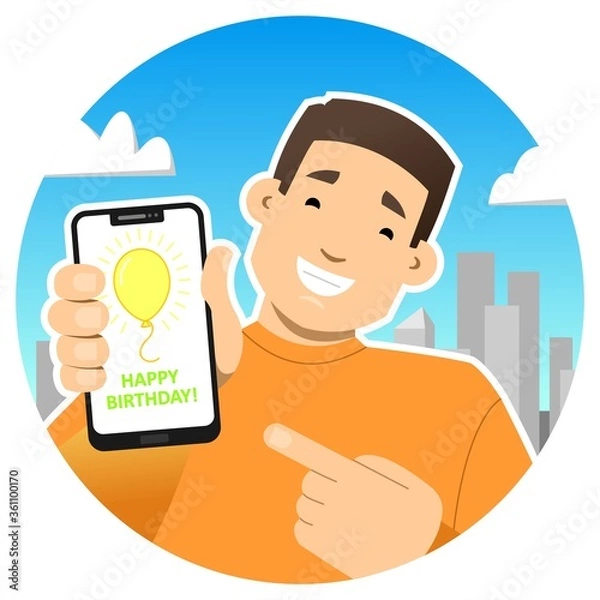 Fototapeta Happy birthday. Smiling guy with a phone. Shows the phone screen, points to it with a finger. Balloon and congratulation on the screen. Round icon.
