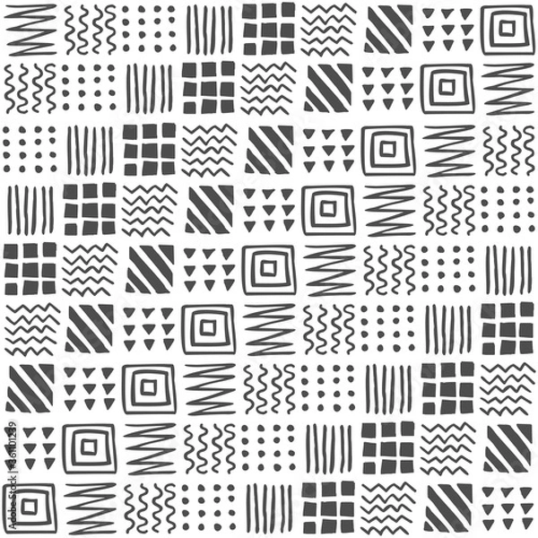 Fototapeta Vector seamless geometric pattern of squares, stripes, lines, waves, triangles, dots, zigzags, hand-drawn. Ethnic pattern. For decor, textile, fabric, wrapping, carpet, wallpaper, background.