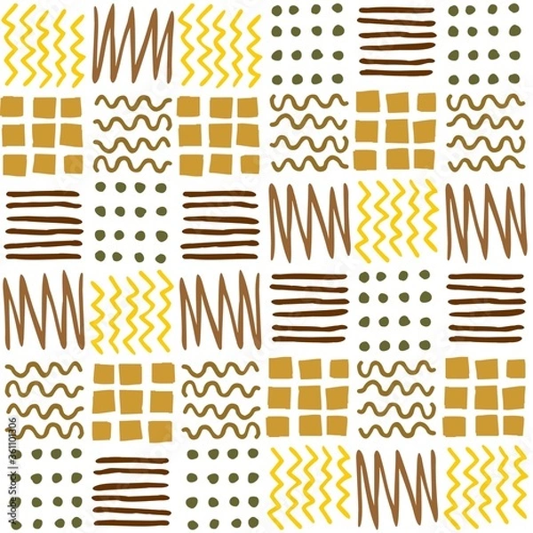 Fototapeta Vector seamless geometric pattern of squares, stripes, lines, dots, zigzags, hand-drawn. Ethnic color pattern  For decor, textile, fabric, wrapping, carpet, wallpaper, background.