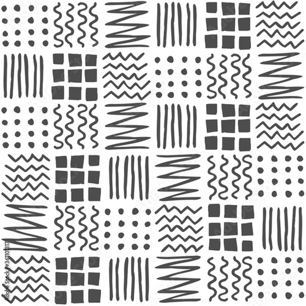 Fototapeta Vector seamless geometric pattern of hand-drawn squares, stripes, lines, dots, zigzags. Ethnic pattern on a white background. For decor, textile, fabric, wrapping, carpet, wallpaper, background.