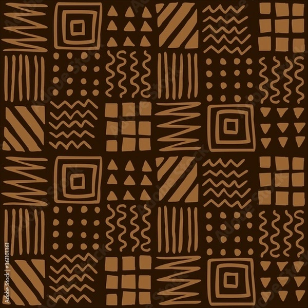 Fototapeta Vector seamless geometric pattern of hand-drawn squares, stripes, lines, dots, zigzags. Ethnic color pattern on a dark background. For decor, textile, fabric, carpet, wrapping, wallpaper, background.