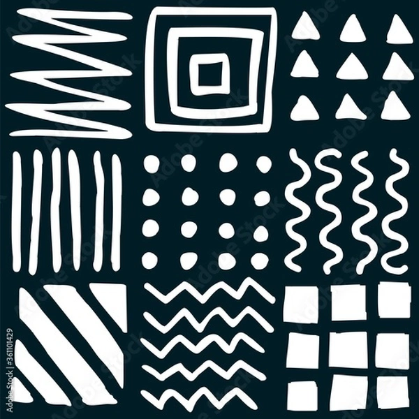 Fototapeta Vector seamless geometric pattern of hand-drawn squares, stripes, lines, dots, zigzags. Ethnic white pattern on a black background. For decor, textile, fabric, wrapping, carpet, wallpaper, background.