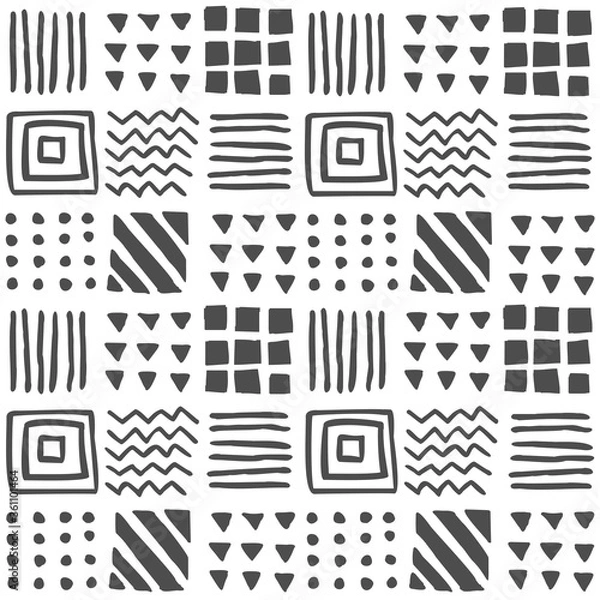 Fototapeta Vector seamless geometric pattern of hand-drawn squares, stripes, lines, dots, triangles, zigzags. 