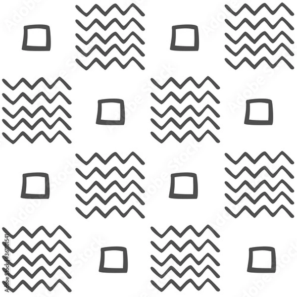 Fototapeta Vector seamless black and white geometric pattern of hand-drawn squares and zigzags. Black pattern on a white background. For decor, textile, fabric, carpet, wallpaper, ceramic tiles, wrapping paper.