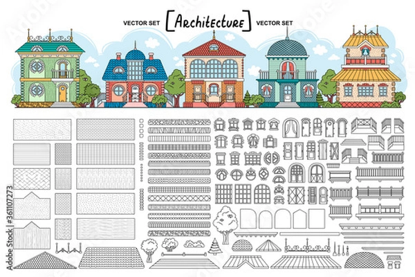 Fototapeta Wektor zestaw z detali architektonicznych do budowy domów. Izolowane ściany liniowe, piwnica, okna, drzwi, pokrycia dachowe, gzymsy, schody i elementy dekoracyjne do wykorzystania w Twoim projekcie