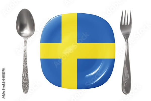 Fototapeta Plate with the Swedish flag. An empty plate with a spoon and fork on a white background. Isolated image