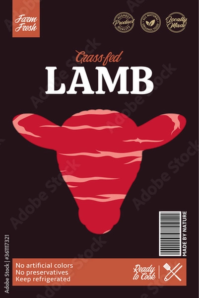 Obraz Vector lamb packaging or label. Sheep icon. Lamb meat texture. Butcher's shop design elements