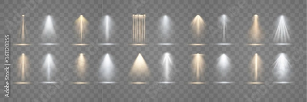 Fototapeta Zestaw reflektorów świeci na scenie, scenie, podium. Jasne oświetlenie z reflektorami. Oświetlenie punktowe sceny. Efekt świetlny lampy błyskowej obiektywu lub lampy.