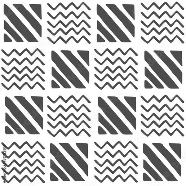 Fototapeta Vector seamless black and white geometric pattern of hand-drawn zigzags and diagonal stripes, lines. 