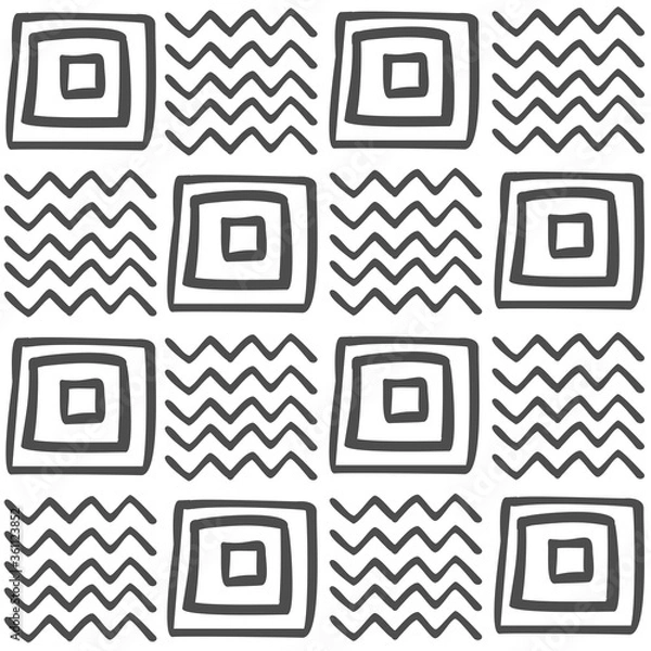 Fototapeta Vector seamless black and white geometric pattern of hand-drawn squares and zigzags. Black pattern on a white background. For decor, textile, fabric, carpet, wallpaper, ceramic tiles, wrapping paper.