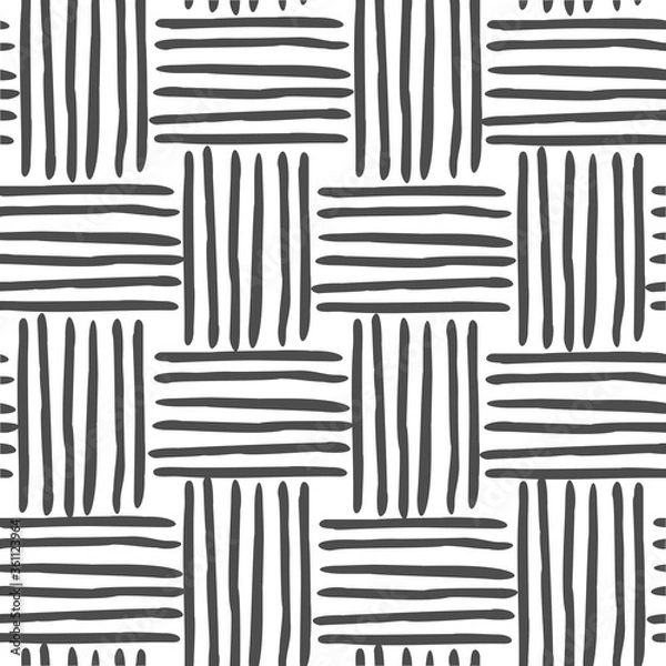 Fototapeta Vector seamless black and white geometric pattern of hand-drawn horizontal and vertical stripes, lines. Interweaving fibers. For decor, textile, fabric, carpet, wallpaper, ceramic tiles, wrapping.