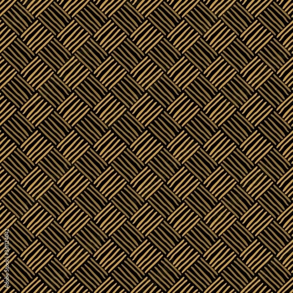 Fototapeta Vector seamless geometric pattern of hand-drawn diagonal gold stripes, lines on a dark background. For decor, textile, fabric, carpet, wallpaper, ceramic tiles, wrapping.