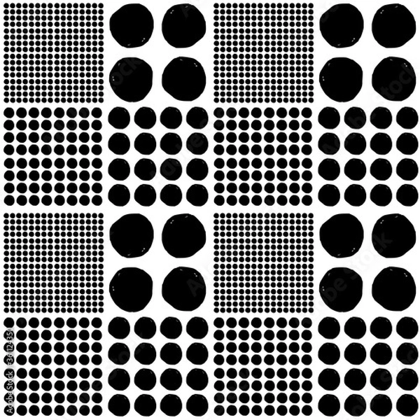 Fototapeta Vector seamless geometric pattern of hand-drawn black circles of different sizes on a white background. For decor, textile, fabric, carpet, wallpaper, ceramic tiles, wrapping.