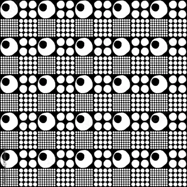 Fototapeta Vector seamless geometric pattern of hand-drawn white circles of different sizes on a black background. For decor, textile, fabric, carpet, wallpaper, ceramic tiles, wrapping.