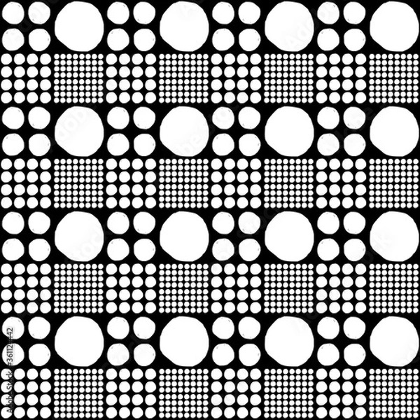Fototapeta Vector seamless geometric pattern of hand-drawn white circles of different sizes on a black background. For decor, textile, fabric, carpet, wallpaper, ceramic tiles, wrapping.