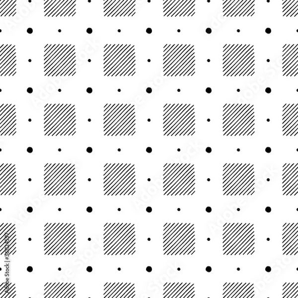 Fototapeta Vector seamless geometric pattern of hand-drawn black dots and squares of diagonal lines on a white background. For decor, textile, fabric, carpet, wallpaper, ceramic tiles, wrapping.