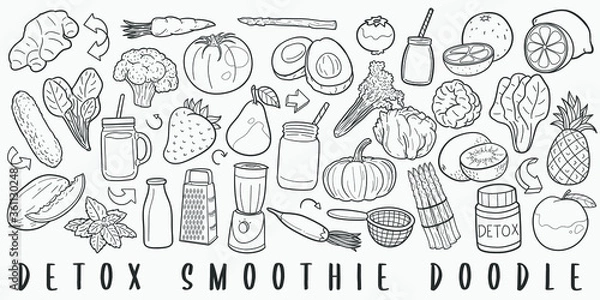 Obraz Detox Smoothie Nutrition Doodle Line Art Illustration. Hand Drawn Vector Clip Art. Banner Set Logos.