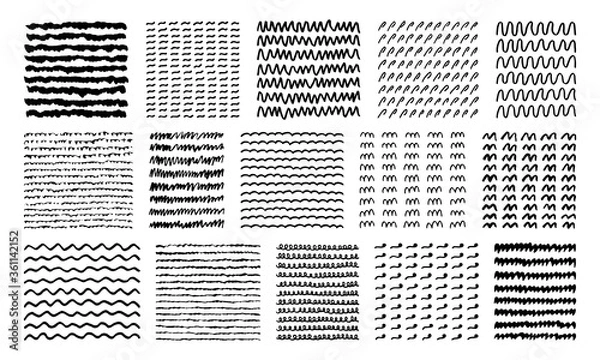 Fototapeta A large set of simple black and white hand-drawn patterns. Waves, dashes, lines, curlicues. Simple elements for design and decoration.
