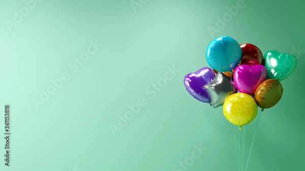 Obraz colorful party balloons in front of a light green mockup background wall, backdrop 3D concept illustration