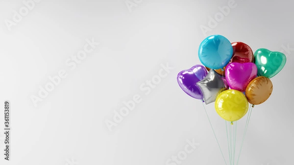 Obraz colorful party balloons in front of a white mockup background wall, backdrop 3D concept illustration