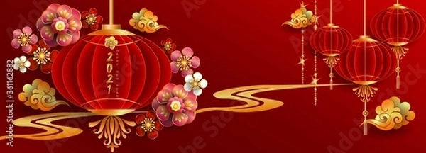 Fototapeta Happy new year 2021 / Chinese new year / Year of the ox / Zodiac sign for greetings card, invitation, posters, brochure, calendar, flyers, banners.