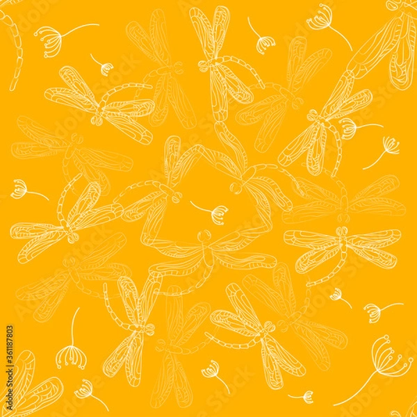 Fototapeta Vector seamless pattern with white dragonflies on a yellow background.