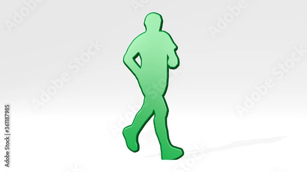 Fototapeta ATHLETIC RUNNER made by 3D illustration of a shiny metallic sculpture on a wall with light background. athlete and active