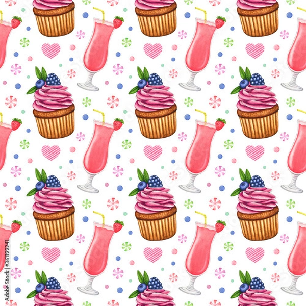 Fototapeta Watercolor seamless pattern. Sweets and hearts. Cocktails and cupcakes with cream and fresh berry. Hand drawn holiday background for design print, card, wrapping paper, textile, fabric, scrapbooking