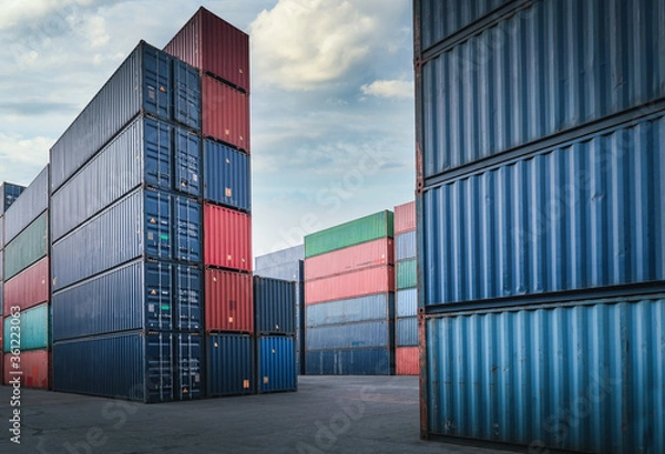 Fototapeta Container Cargo Port Ship Yard Storage Handling of Logistic Transportation Industry. Row of Stacking Containers of Freight Import/Export Distribution Warehouse. Shipping Logistics Transport Industrial
