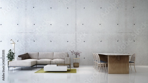 Fototapeta Beautiful living room and dining table  in modern home with double vanity, concrete wall, sofa, table, side table, and tile floor