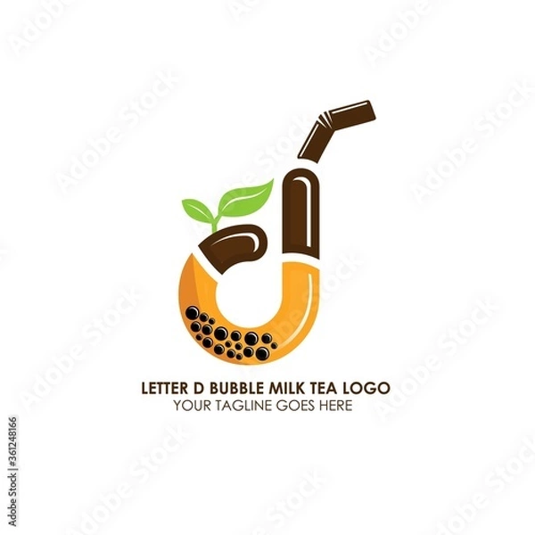 Fototapeta Bubble Tea Cup Drink or Milk Cocktail Logo with Initial D. Glass of Drink with Tubule and Straw. Pearl Milk Tea Label. Popular Asian Drink. Can be used for Café and Restaurant Logo. Boba. Taiwan Drink