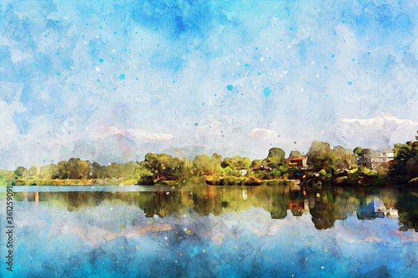 Obraz Abstract painting of lake and mountain, nature landscape image, digital watercolor illustration, art for background