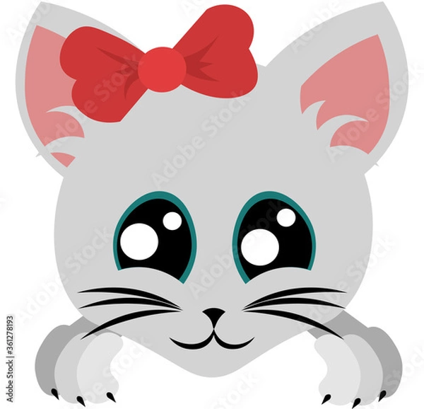 Fototapeta White kitten with a bow. Domestic cat. Pet. Muzzle with big blue eyes. Design for pet shop, veterinary clinic and shelter.
