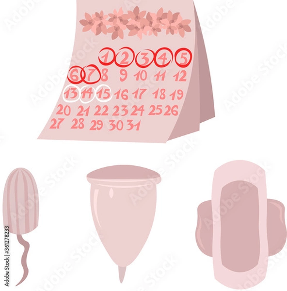 Fototapeta Set of objects for women's health. Pregnancy, ovulation and menstruation. Calendar with flowers, swab, pad and menstrual cup. Pink design.