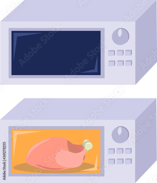 Fototapeta Set microwave. Defrosting meat. Cooking Chicken. Household appliances for the kitchen. Objects for the design of the store, flyers, banners and advertising, restaurants and cafes.
