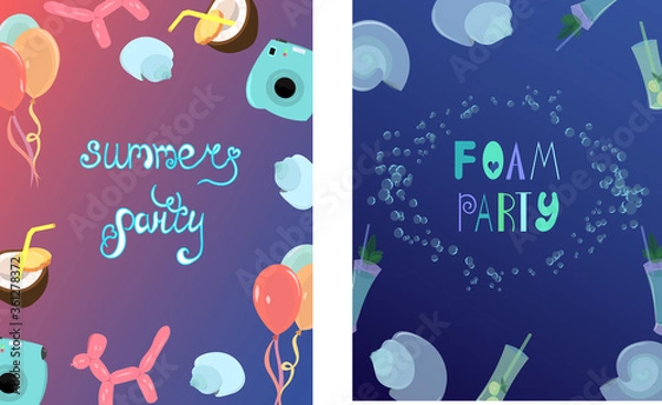 Fototapeta Summer foam party. Bright postcard. Multi-colored balls and a camera. Seashells. Pinacolada and mojito. Design for fraer, invitation and advertising.