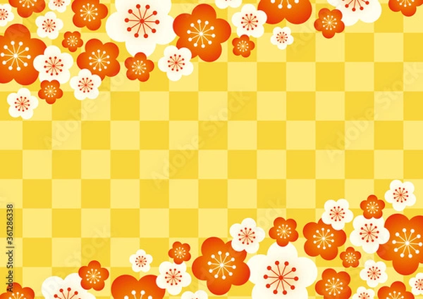 Obraz 【年賀状・節分素材】梅と市松模様の背景イラスト 金赤