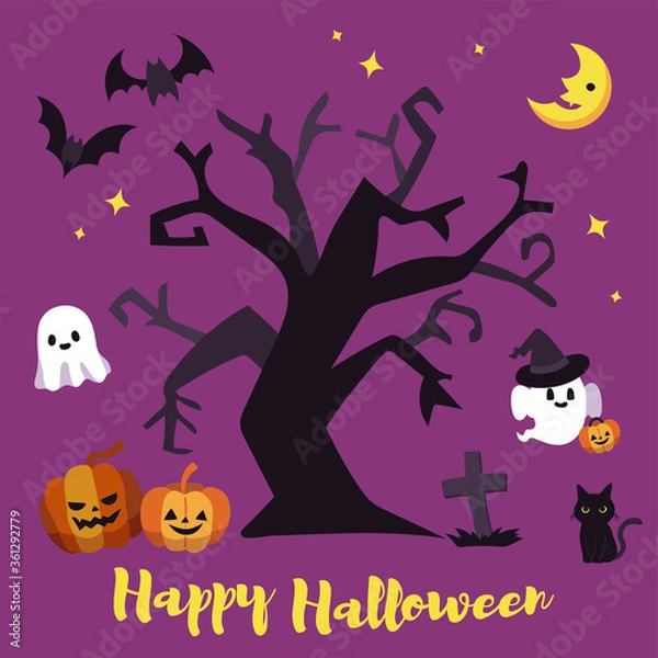 Fototapeta かわいいハロウィンのイラスト 紫背景