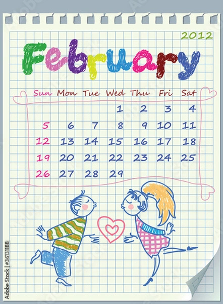 Fototapeta Calendar for February 2012. The week starts with Sunday. Illustr