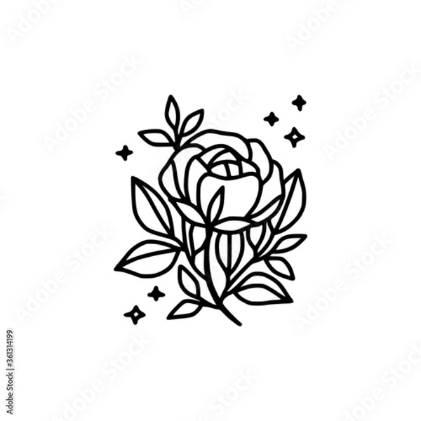 Fototapeta Hand drawn rose flower element. Floral line art for feminine logo, icon, business card, wedding invitation, or decoration