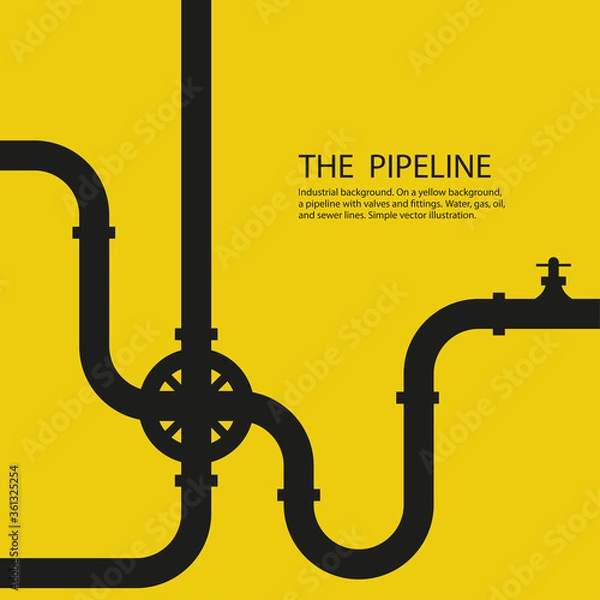 Fototapeta Industrial background. On a yellow background, a pipeline with valves and fittings. Water, gas, oil, and sewer lines. Simple vector illustration