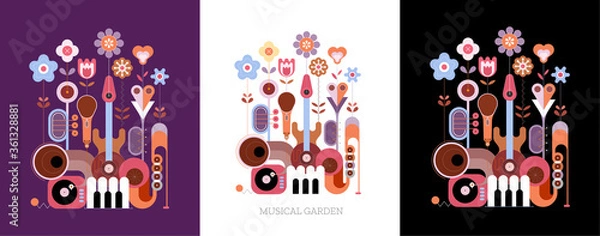 Obraz 3 opcje kolorowego wzornictwa samodzielnie na fioletowo / na białym / na czarnym tle Ilustracja wektorowa kwiaty i instrumenty muzyczne. Kwitnące kwiaty wyrastają z instrumentów muzycznych.