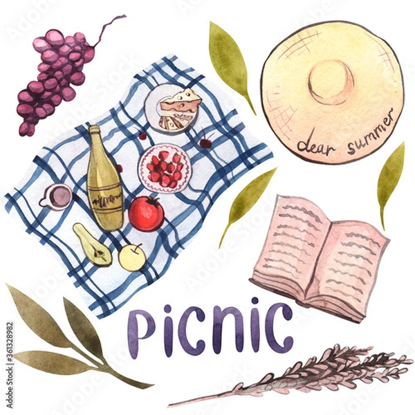 Fototapeta Watercolor set with picnic items